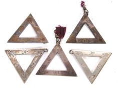 Group of five Masonic triangular pendants, 'Royal Arch of the Ancient Order of Druids', having