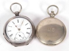 A lot comprising a white metal pocket watch stamped 0.935 in the case back with a white enamel dial,