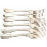 A set of six George IV silver fiddle pattern table forks each engraved with a crest on the