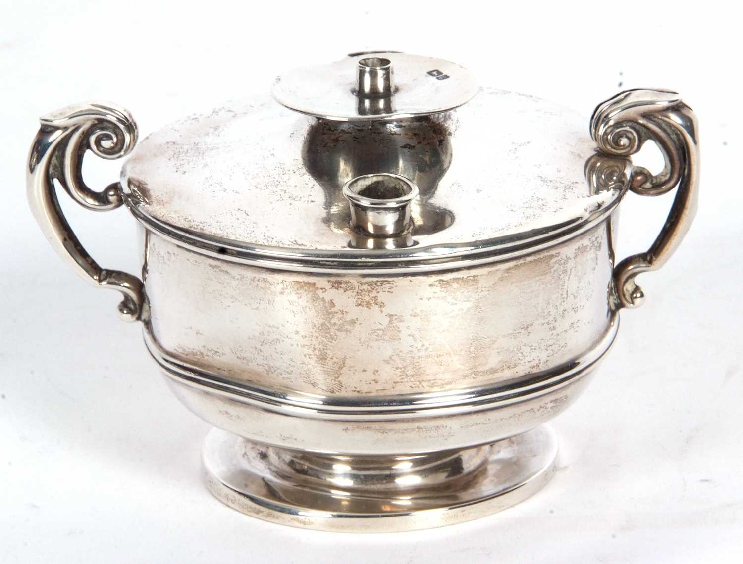 Edward VII officers mess table lighter of circular form, two hollow scrolled handles (misshapen, - Image 2 of 5