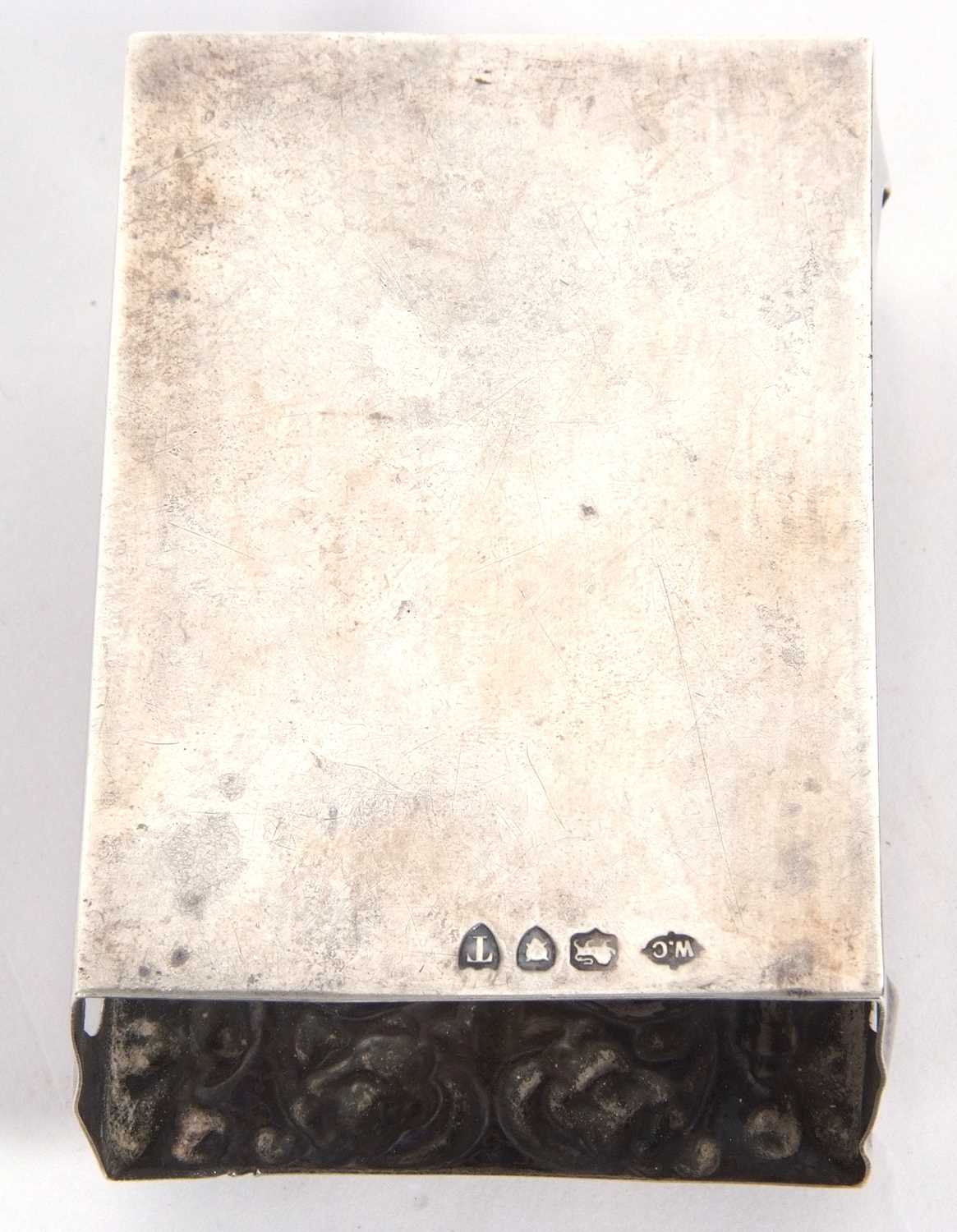 Late Victorian matchbox holder of rectangular form, the lid heavily embossed with satyr mask, swags, - Image 3 of 3