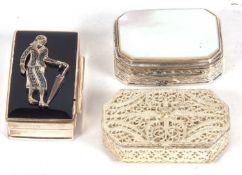 Three white metal boxes of filigree example, a rectangular shaped with a mother of pearl hinged