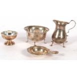 Mixed Lot: Matching silver cream jug and sugar bowl with applied floral cast rims on four hoof feet,