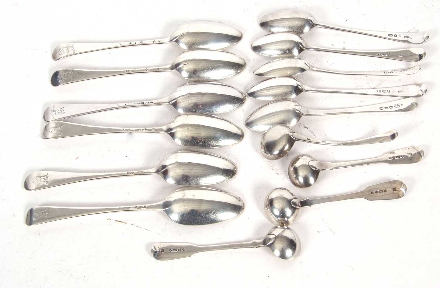 Mixed Lot: Five Georgian Old English pattern teaspoons, six Georgian Hanoverian dessert spoons, base - Image 2 of 2