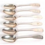 A group of six assorted Irish (Dublin) antique teaspoons in fiddle pattern, various dates and