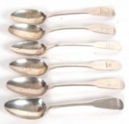 A group of six assorted Irish (Dublin) antique teaspoons in fiddle pattern, various dates and