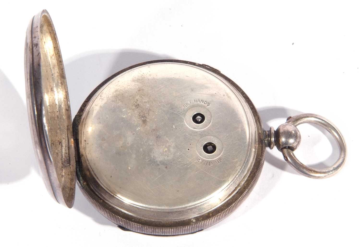 Large silver open face pocket watch with white enamel dial and black Roman numeral hour markers, key - Image 4 of 4