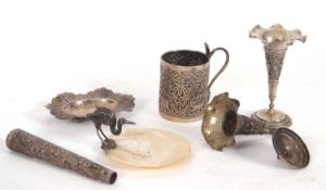 Mixed lot to include an Indian small tankard engraved and chased with elephants, lions, palm trees