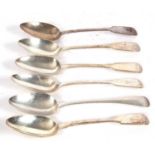 Group of five Georgian fiddle pattern silver tablespoons together with an Old English pattern