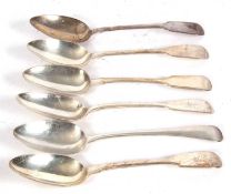 Group of five Georgian fiddle pattern silver tablespoons together with an Old English pattern