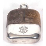 Antique silver plated and snake skin covered glass hipflask, circa 1930 featuring a screw cap,
