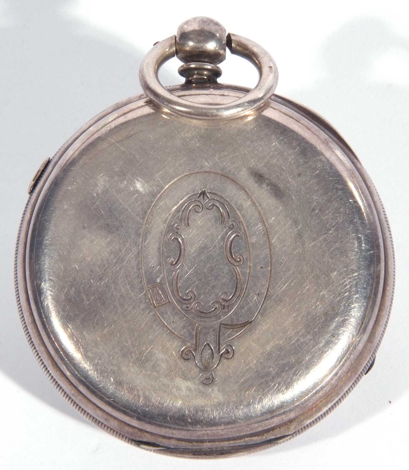 Large silver open face pocket watch with white enamel dial and black Roman numeral hour markers, key - Image 3 of 4