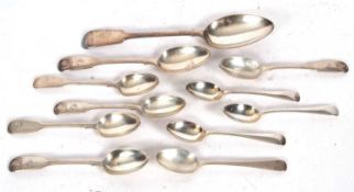 Mixed Lot: Two Georgian fiddle pattern teaspoons, four Old English pattern teaspoons, three fiddle