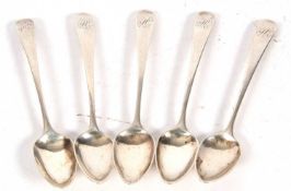 Five Georgian Old English pattern teaspoons, London 1794 and 1802, makers mark for Thomas Wallace,