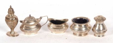 Mixed lot to include a three piece silver cruet set with fluted body detail to include a hinged
