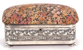 Edward VII silver mounted jewellery box in the form of a Victorian ottoman having leaf and flower