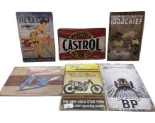 Six thin tin advertising signs to include Castrol, Indian Motorcycles, BSA etc