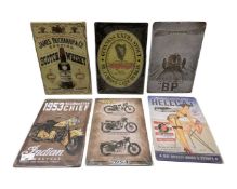 Six thin tin advertising signs to include BP, James Buchanan & Co, Hellcat etc