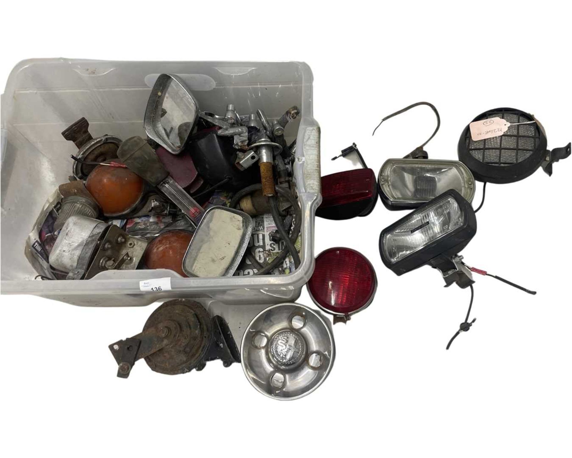 Box of assorted lights, mirrors, horns etc