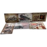 Six thin tin advertising signs to include Esso, Harley Davison, BSA etc