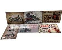 Six thin tin advertising signs to include Esso, Harley Davison, BSA etc