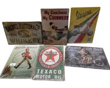 Six thin tin advertising signs to include Guinness, Vespa, Texaco etc