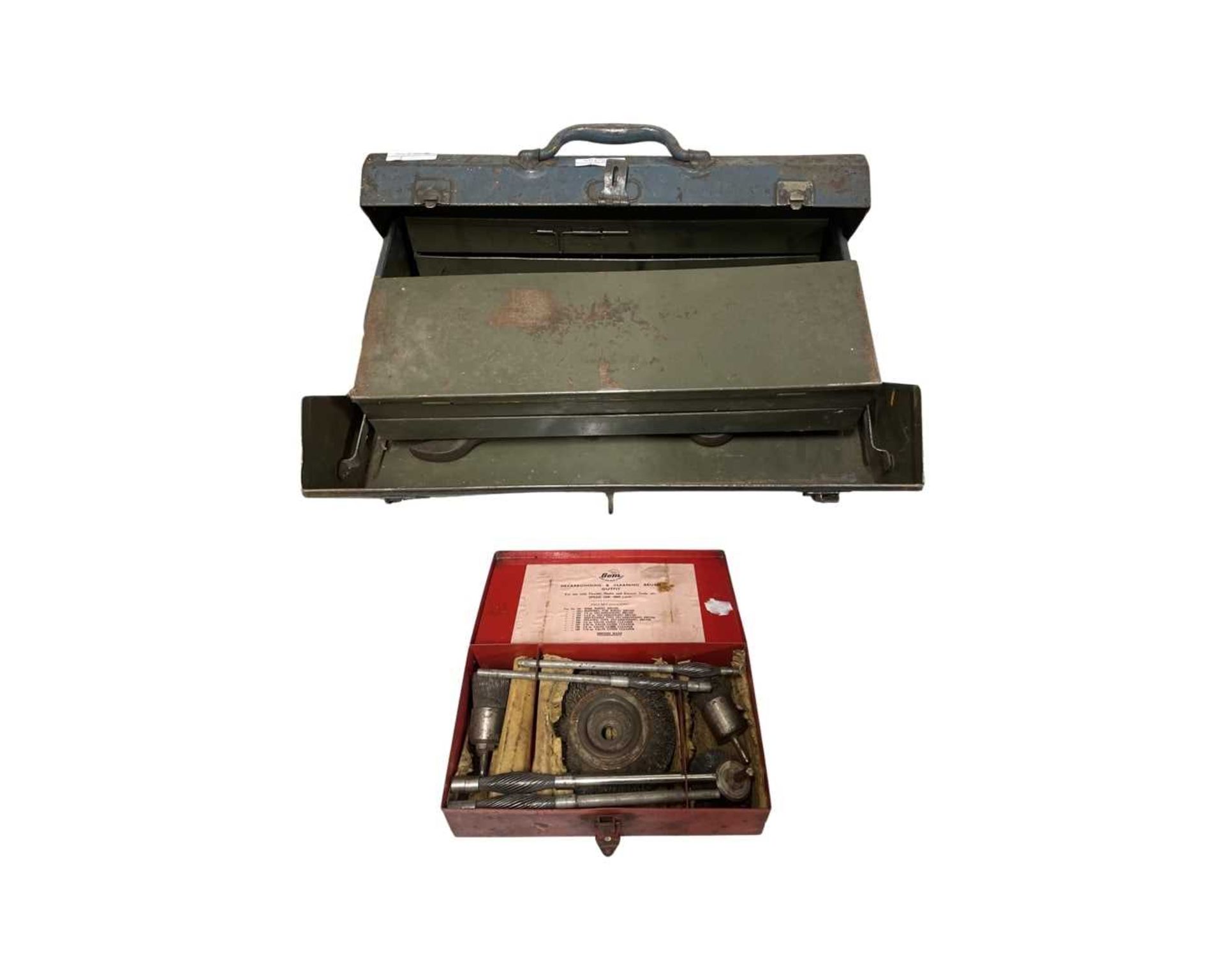 Vintage Canadian toolbox together with a de-carbonising brush set