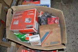Mixed box of various car parts and spares to include Motocraft brake shoes, oil filters, brake