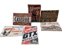 Six thin tin advertising signs to include Guinness, Castrol, Indian Motorcycles etc