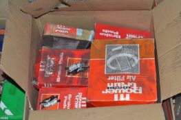 Mixed box of car spare parts to include brake pads, air filters etc