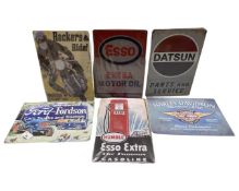 Six thin tin advertising signs to include Esso, Datsun, Ford and Fordson etc
