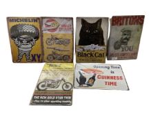 Six thin tin advertising signs to include Black Cat, Harley Davison Motorcycles, Guinness etc