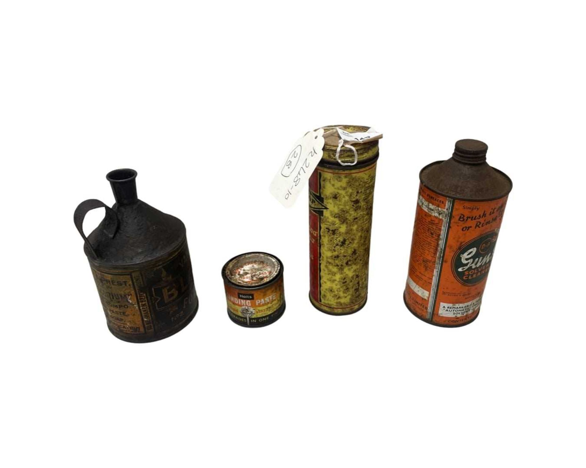Mixed lot of four various vintage tin cans, Gunk Solvent Cleaner, Harness Oil etc