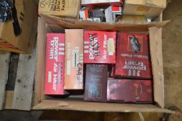Mixed box of spares including Powertrain brake pads, air filters etc