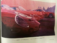 Framed picture of BRM V16 at Goodwood together with an unframed Ferrari print 'the red corner'