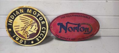 Cast Iron Norton and Indian Motorcycle signs