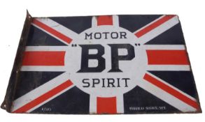 BP Motor Spirit double sided flange mount enamel sign