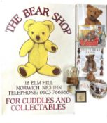 A mixed lot of Teddy Bear related collectibles to include a large sign for The Elm Hill Bear Shop (