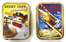 A pair of collectible tobacco tins, depicting vintage advertising for Dinky Toys and Meccano