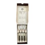 A boxed set of vintage T.X 'Bulls-Eye' darts, with hardened steel points, turkey feather vanes and