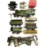 A mixed lot of 0 gauge tin plate Hornby rolling stock, locomotives, track etc, to include The Flying