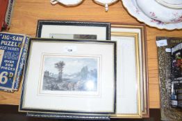 Mixed Lot: Various assorted coloured engravings, small watercolour study of a cottage etc