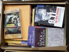 Box of mixed books to include 911, The New Evidence by Ian Henshall, A Walk in Jerusalem by John