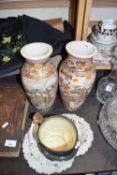 Pair of Japanese Satsuma baluster vases together with a further Doulton character jug (a/f)