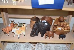 Mixed Lot: Various wooden bowls, turned wooden fruit, assorted animal ornaments etc