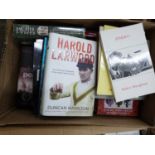 Box of mixed books to include Kate Mosse Citadel, Harold Larwood by Duncan Hamilton etc