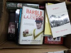 Box of mixed books to include Kate Mosse Citadel, Harold Larwood by Duncan Hamilton etc