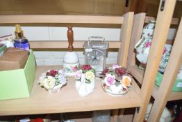 Mixed Lot: Royal Doulton, Royal Albert and other porcelain flowers, mantel clock and a hand bell