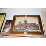 Coloured print, Queen Elizabeth together with a photographic print of a Cathedral