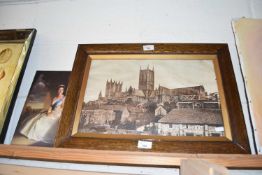 Coloured print, Queen Elizabeth together with a photographic print of a Cathedral